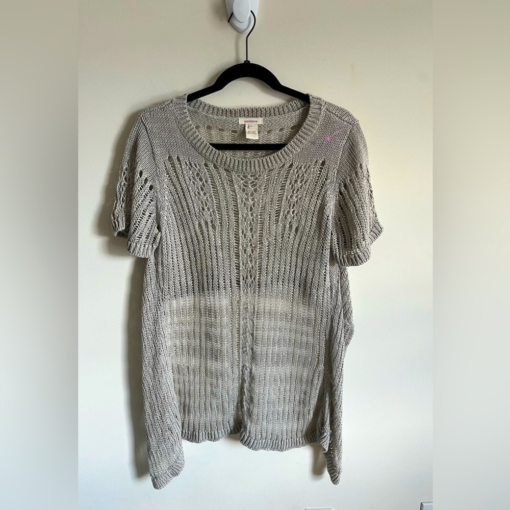 Sundance Light Gray Linen boho fun Backless Crochet Knit Top Womens sz Large GUC - Picture 1 of 15